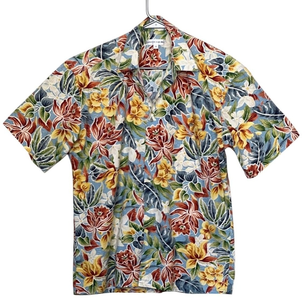 Pierre Cardin Shirt Mens Medium Floral Hawaiian Short‎ Sleeve Button Up Korea